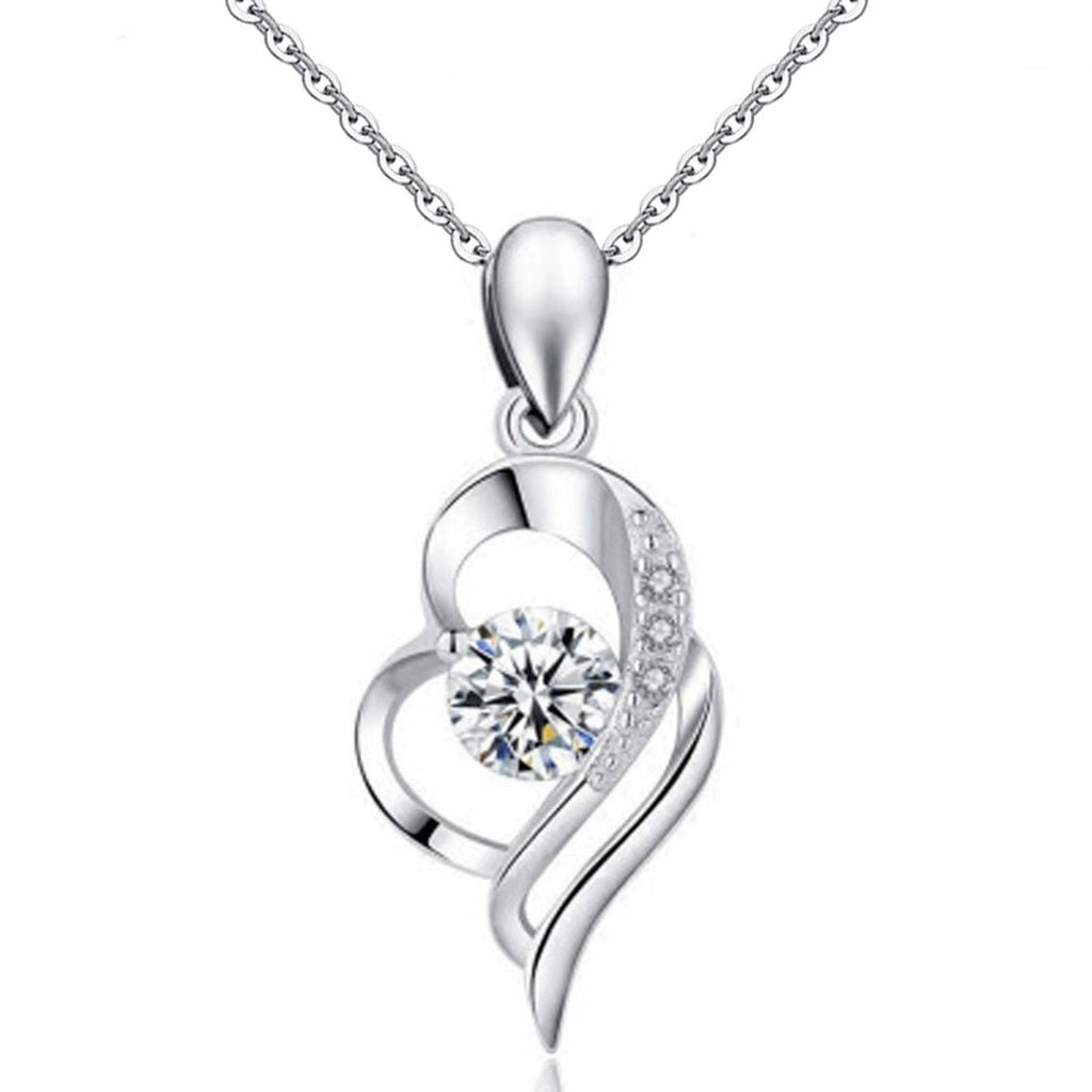 Heart Round Moissanite Necklace with CZ in White Gold-Plated S925 sterling silver white background product photo showing open heart pendant with round moissanite center options and CZ accents