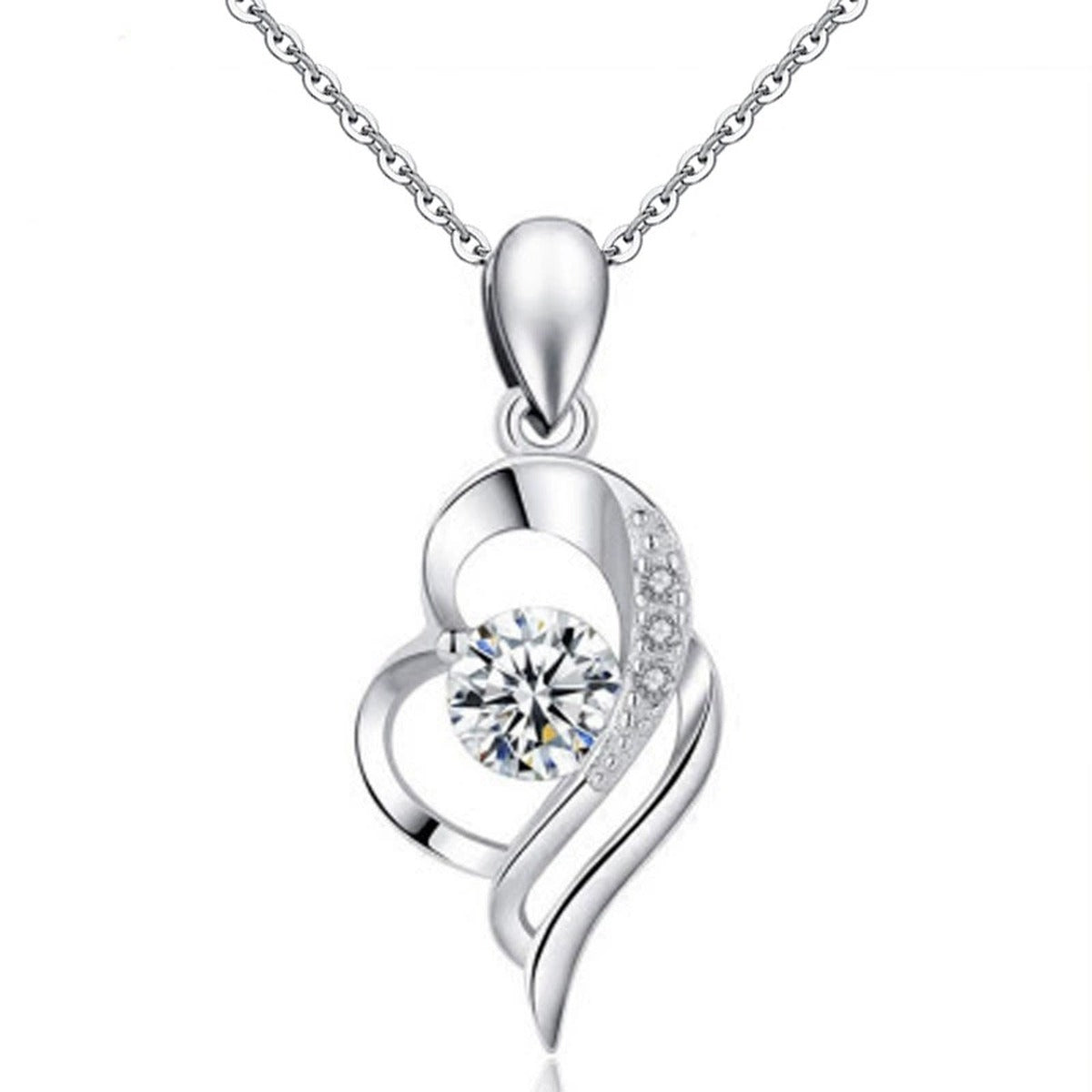 Heart Round Moissanite Necklace with CZ in White Gold-Plated S925 sterling silver white background product photo showing open heart pendant with round moissanite center options and CZ accents