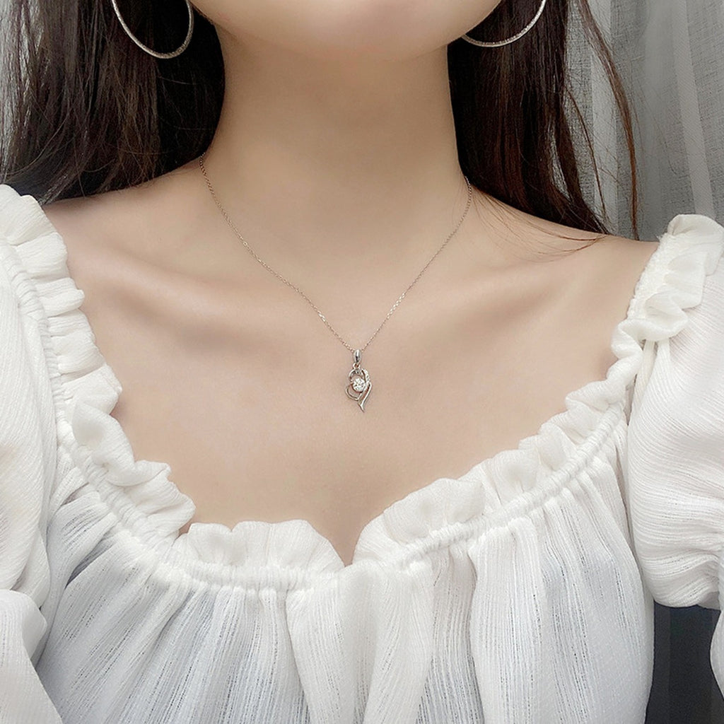 Heart Round Moissanite Necklace with CZ in White Gold-Plated S925 sterling silver neckline model view showing pendant scale and chain length