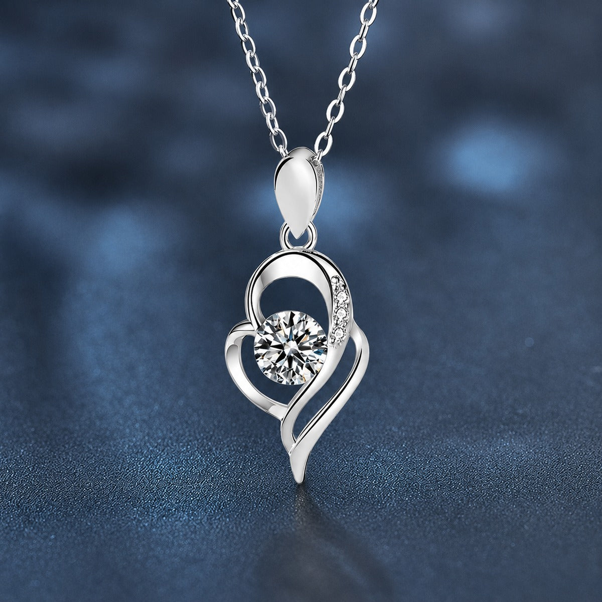 Heart Round Moissanite Necklace with CZ in White Gold-Plated S925 sterling silver close-up product scene showing pendant setting