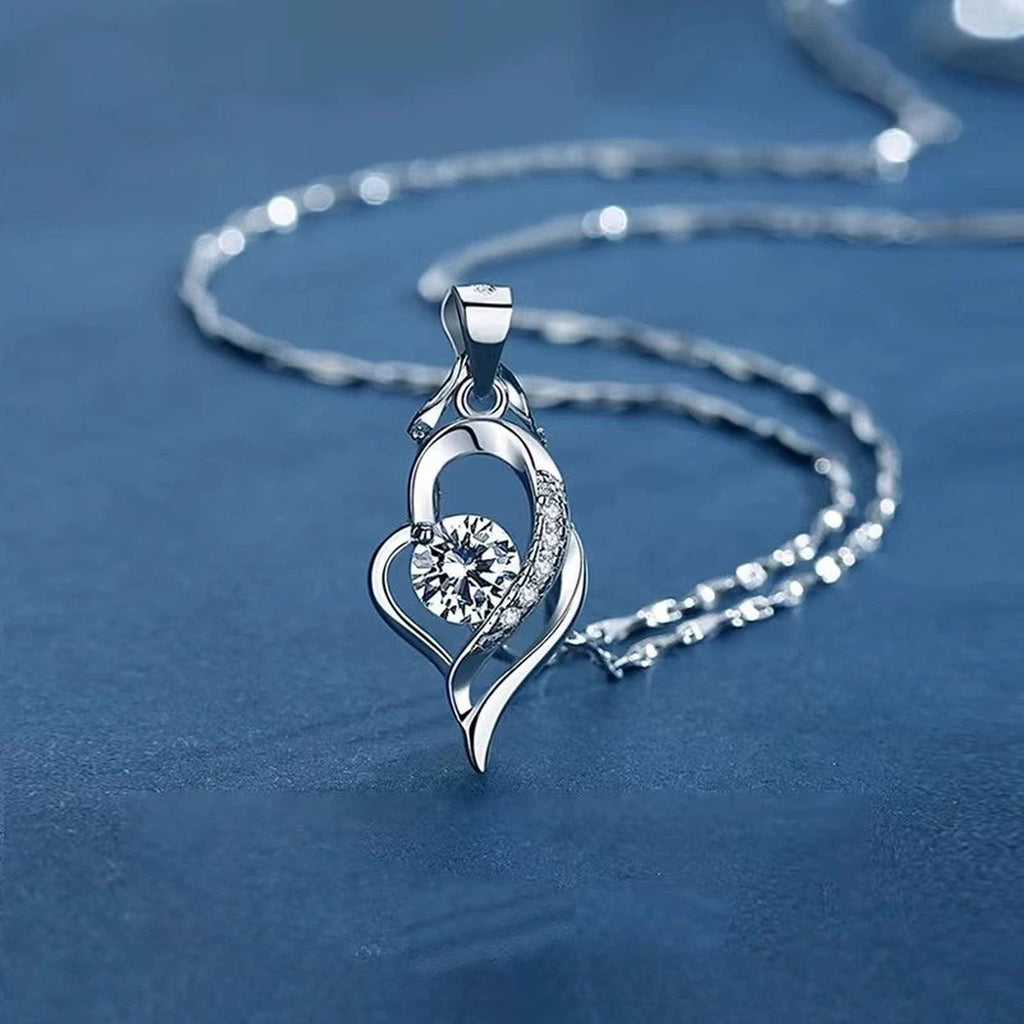 Heart Round Moissanite Necklace with CZ in White Gold-Plated S925 sterling silver blue display scene showing chain and stone layout