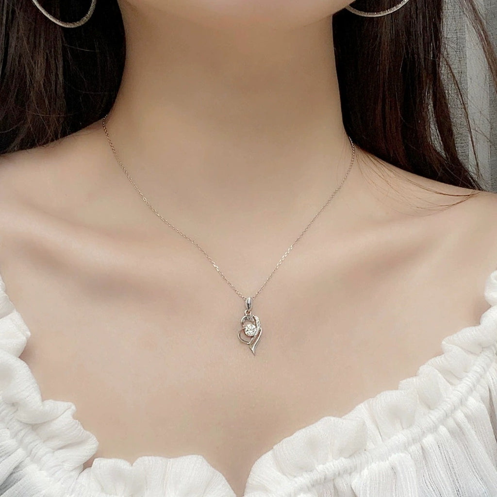 Heart Round Moissanite Necklace with CZ in White Gold-Plated S925 sterling silver neckline model view showing pendant scale and chain length