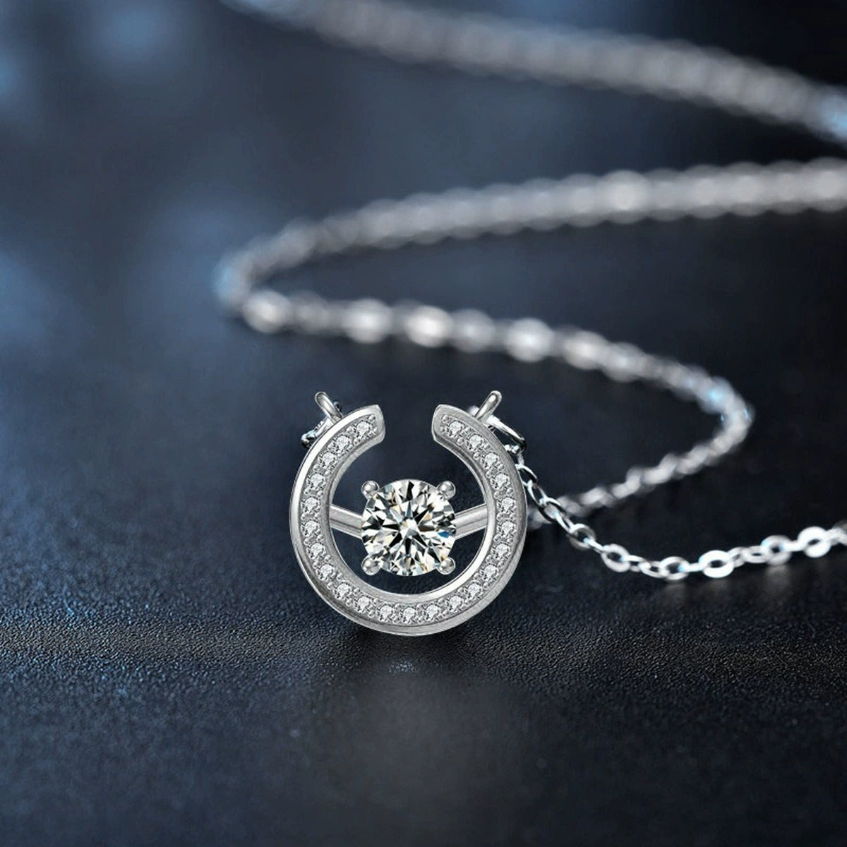 Circle Round Moissanite Necklace with CZ in Gold-Plated S925 sterling silver blue display scene showing chain and stone layout