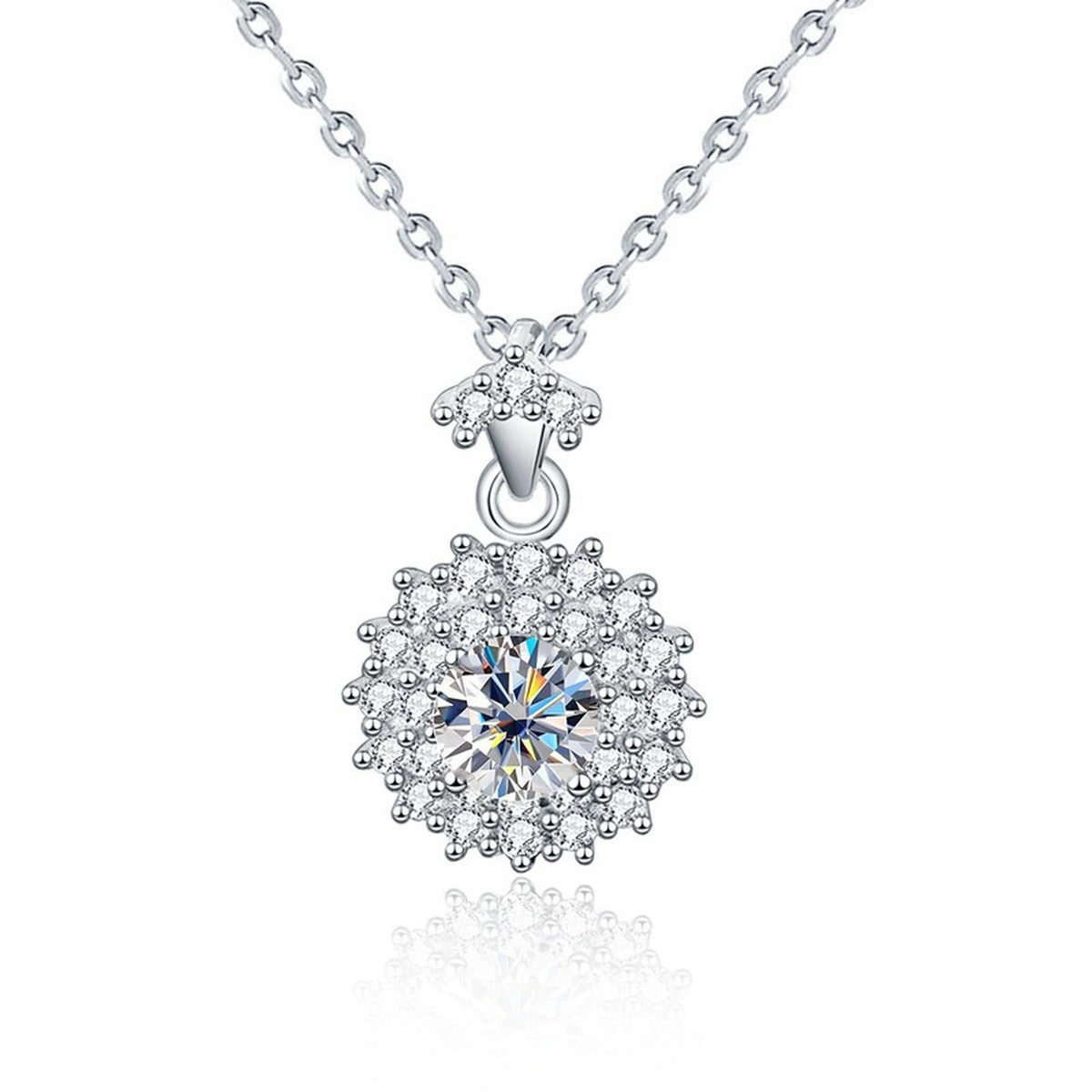 Cluster Round Moissanite Necklace with CZ in White Gold-Plated S925 sterling silver white background product photo showing cluster pendant with round moissanite center and CZ halo texture