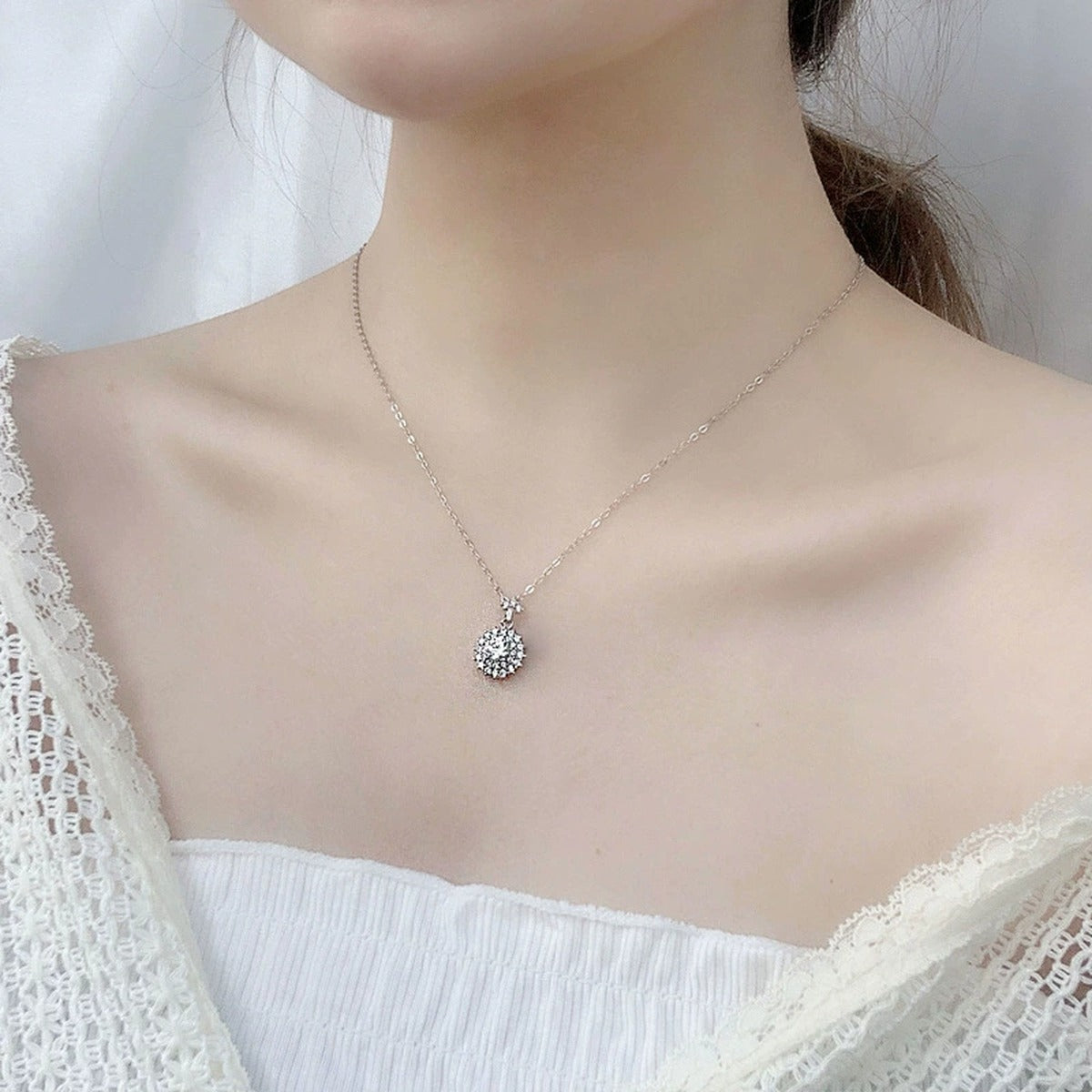 Cluster Round Moissanite Necklace with CZ in White Gold-Plated S925 sterling silver neckline model view showing pendant scale and chain length
