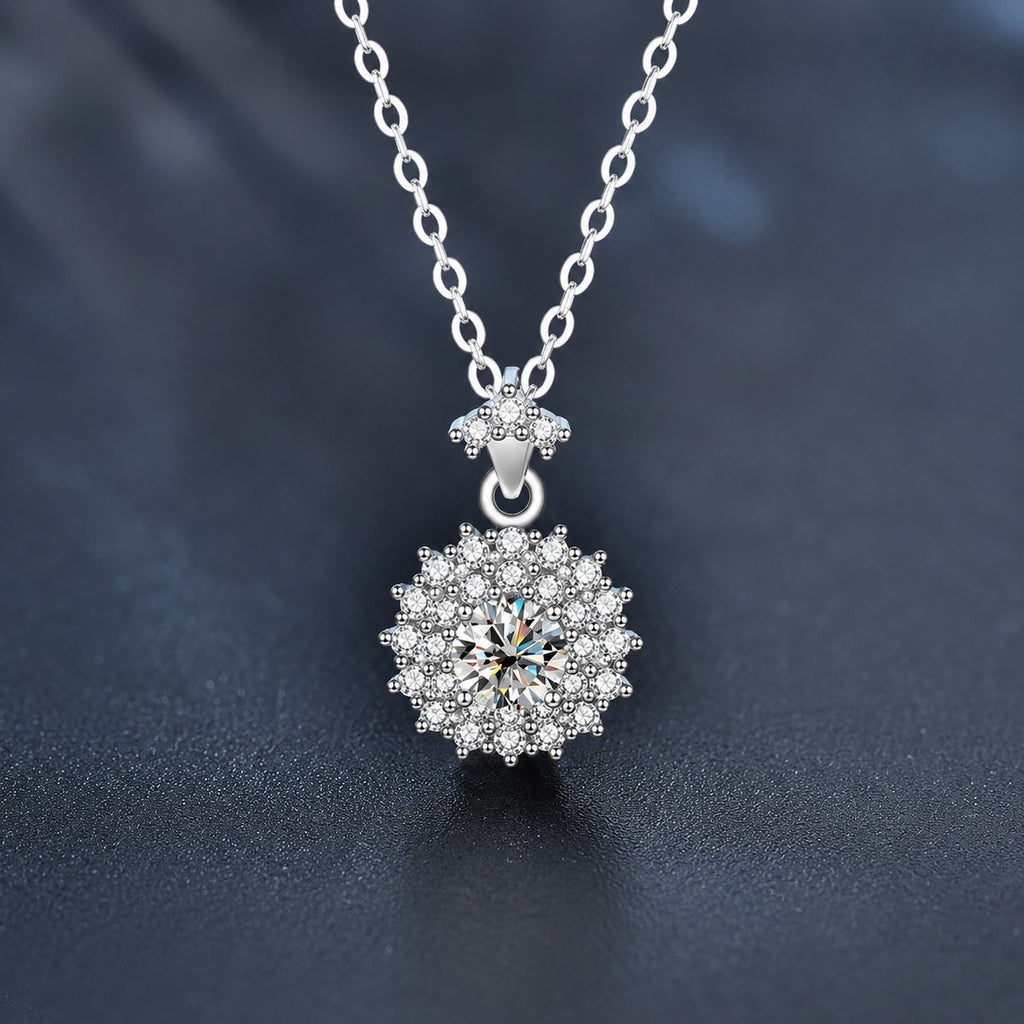 Cluster Round Moissanite Necklace with CZ in White Gold-Plated S925 sterling silver close-up product scene showing pendant setting