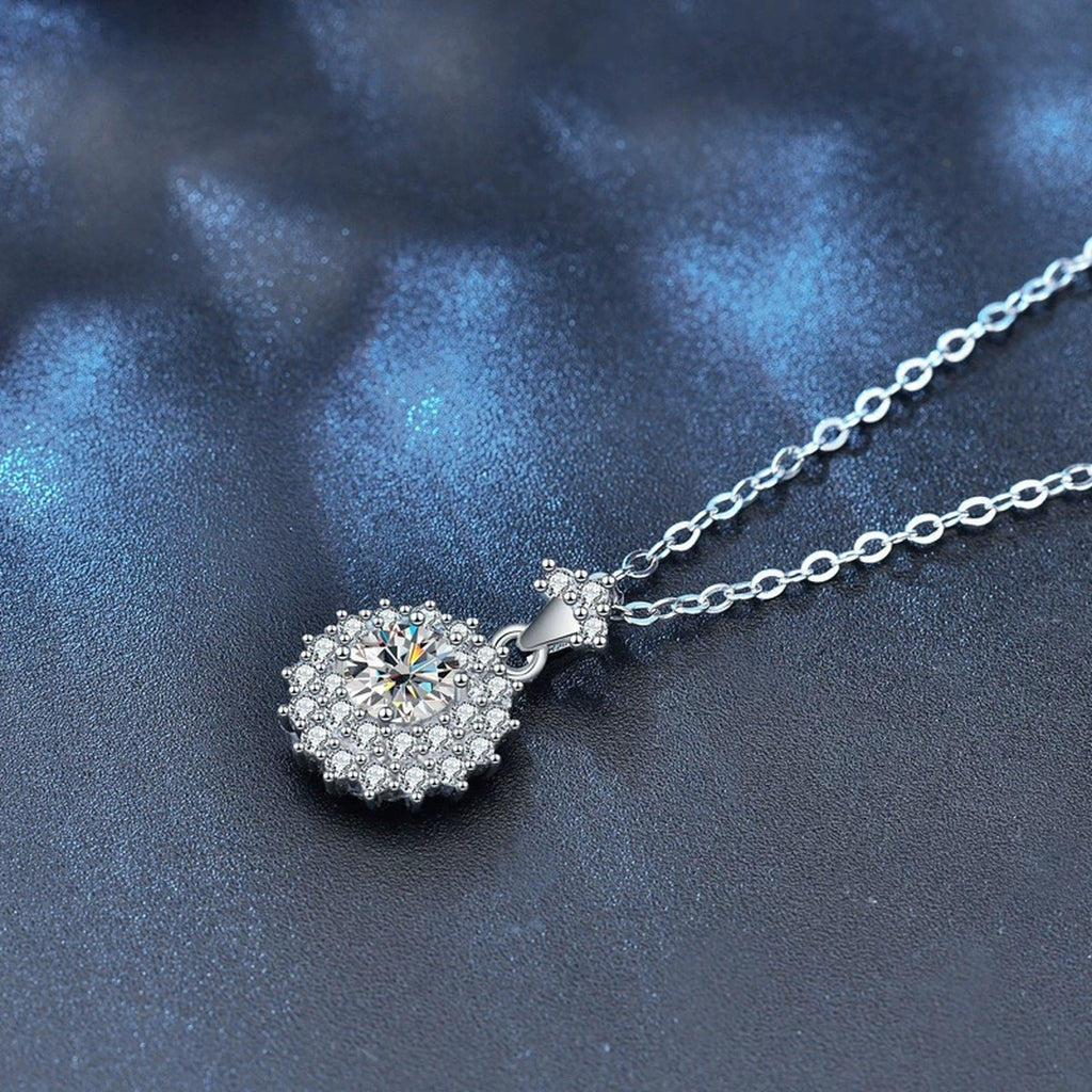 Cluster Round Moissanite Necklace with CZ in White Gold-Plated S925 sterling silver blue display scene showing chain and stone layout