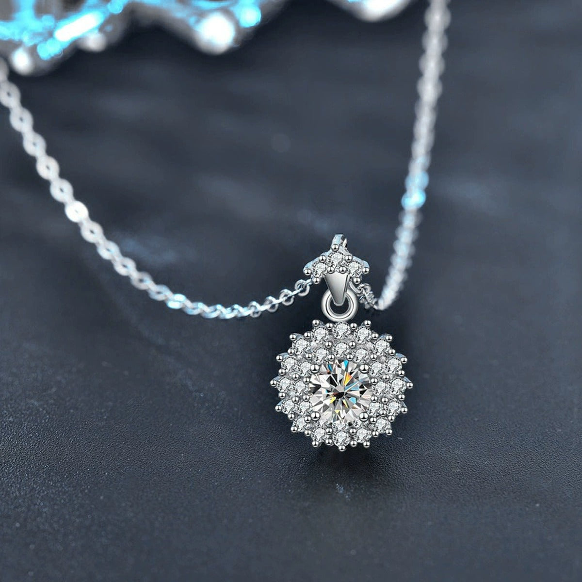 Cluster Round Moissanite Necklace with CZ in White Gold-Plated S925 sterling silver angled product detail view