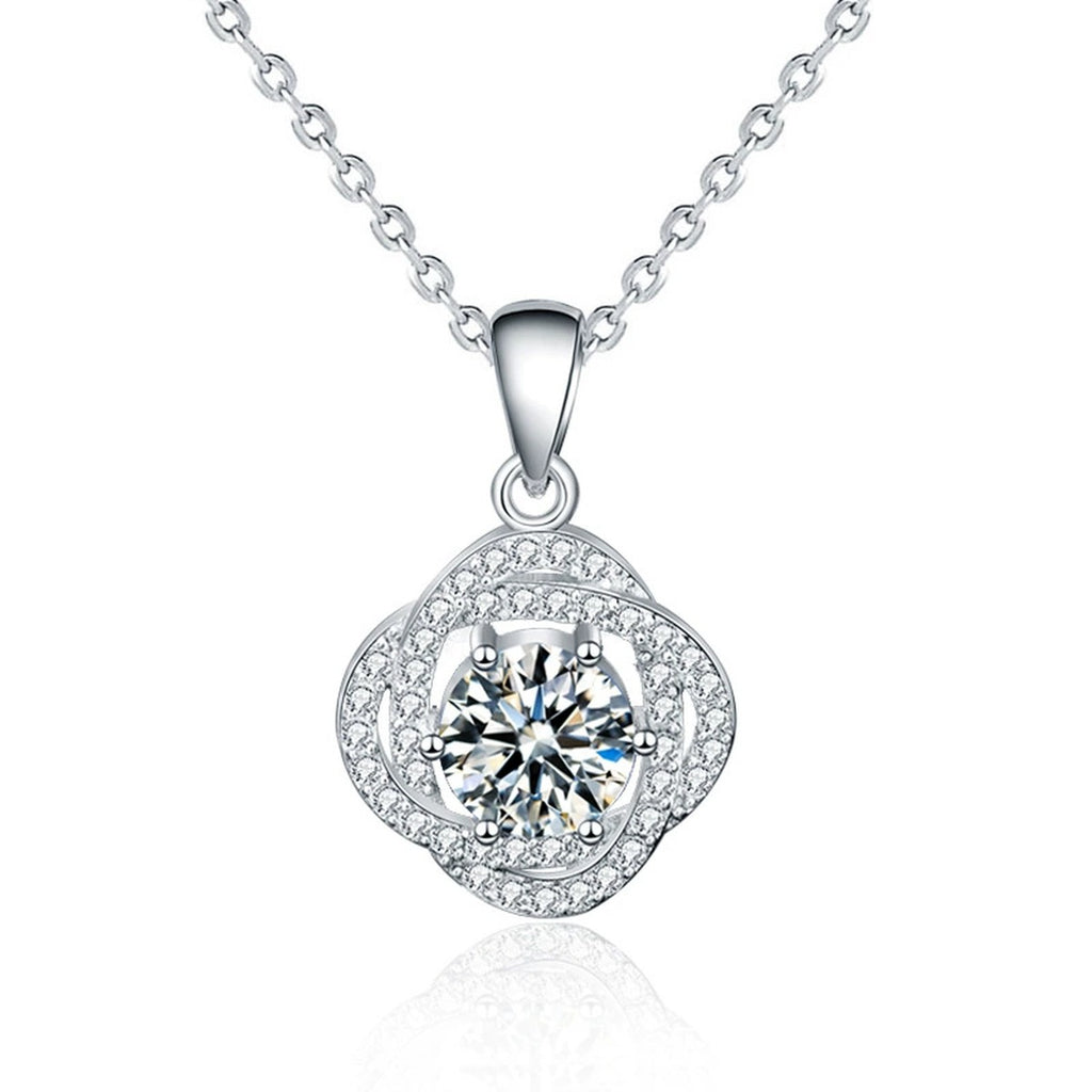 Rose Round Moissanite Necklace with CZ in White Gold-Plated S925 sterling silver white background product photo showing rose pendant with round moissanite center and CZ petal setting