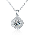 Rose Round Moissanite Necklace with CZ in White Gold-Plated S925 sterling silver white background product photo showing rose pendant with round moissanite center and CZ petal setting