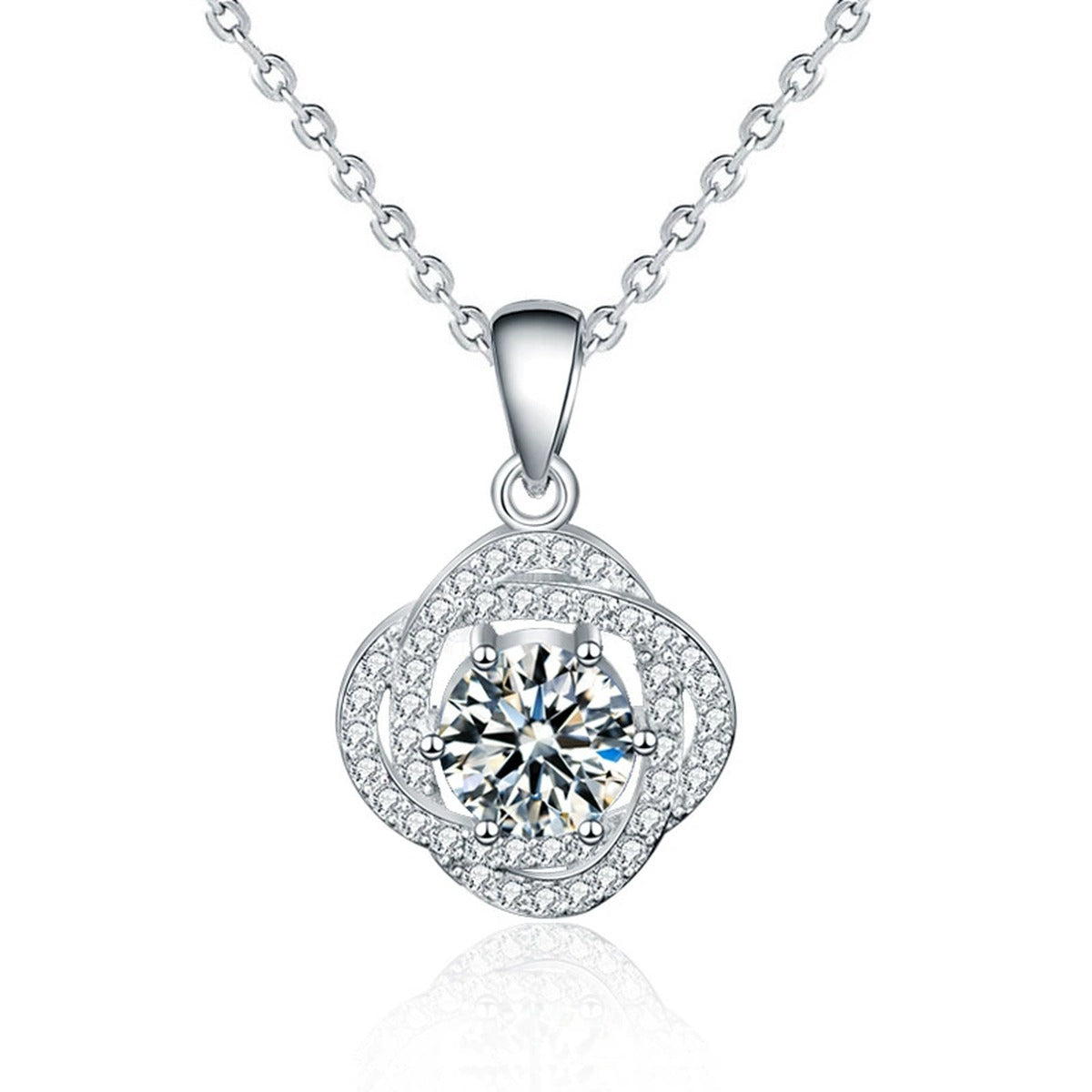 Rose Round Moissanite Necklace with CZ in White Gold-Plated S925 sterling silver white background product photo showing rose pendant with round moissanite center and CZ petal setting