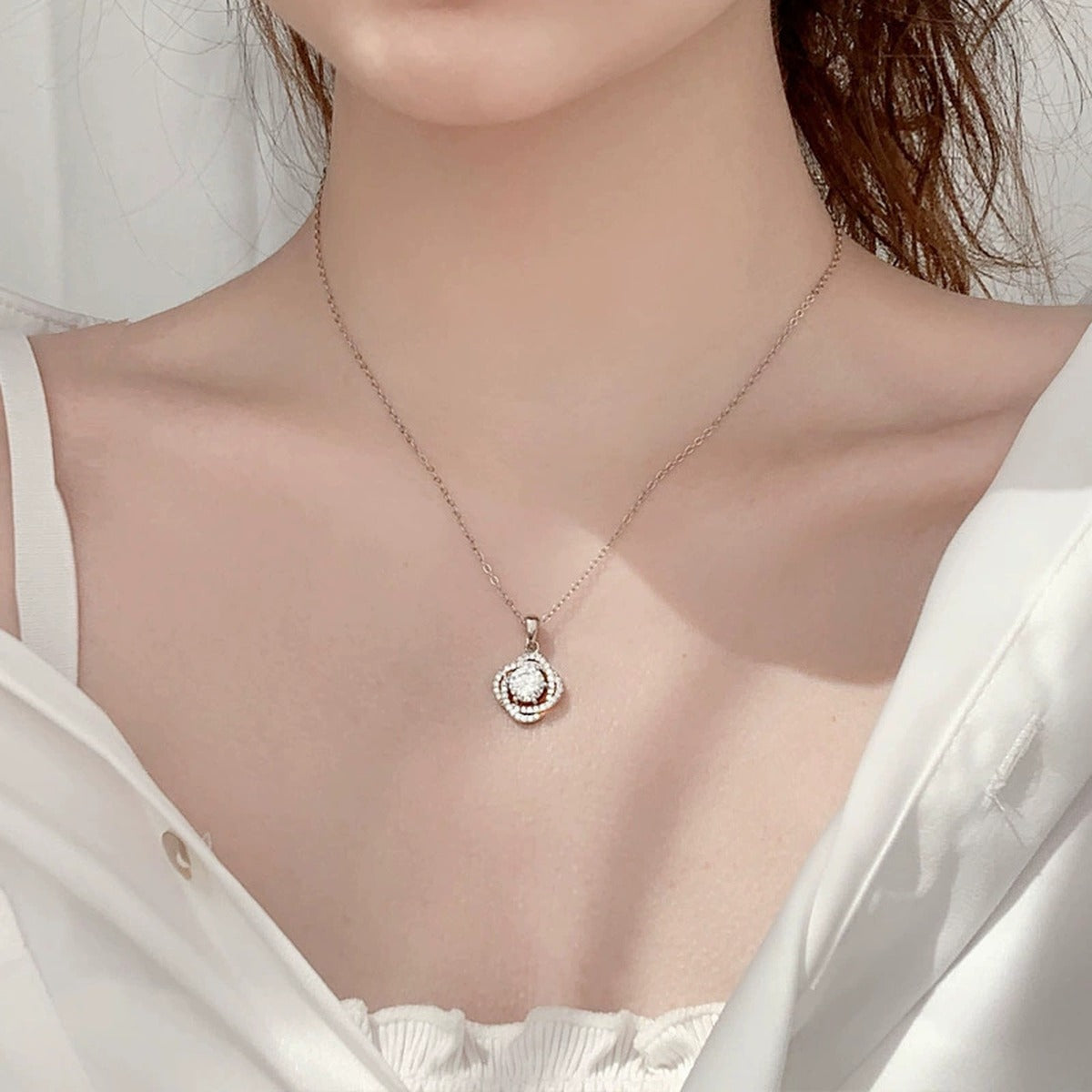 Rose Round Moissanite Necklace with CZ in White Gold-Plated S925 sterling silver neckline model view showing pendant scale and chain length