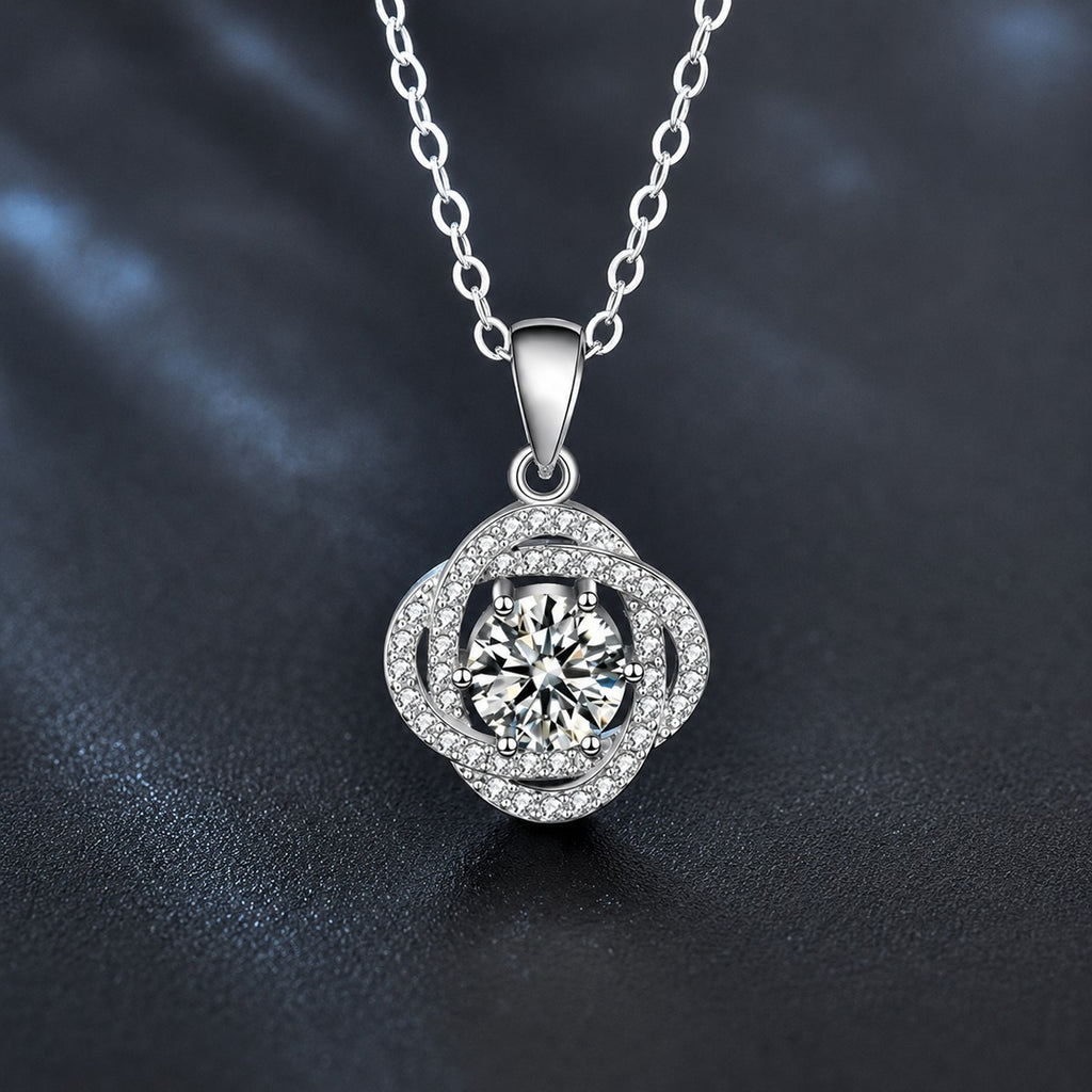 Rose Round Moissanite Necklace with CZ in White Gold-Plated S925 sterling silver close-up product scene showing pendant setting