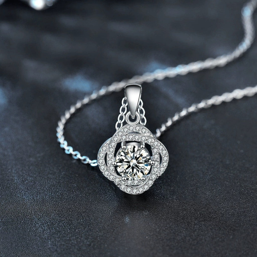 Rose Round Moissanite Necklace with CZ in White Gold-Plated S925 sterling silver blue display scene showing chain and stone layout