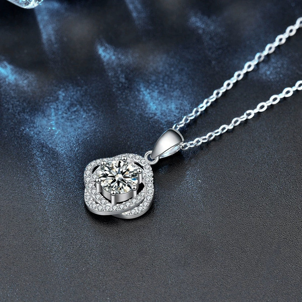 Rose Round Moissanite Necklace with CZ in White Gold-Plated S925 sterling silver angled product detail view