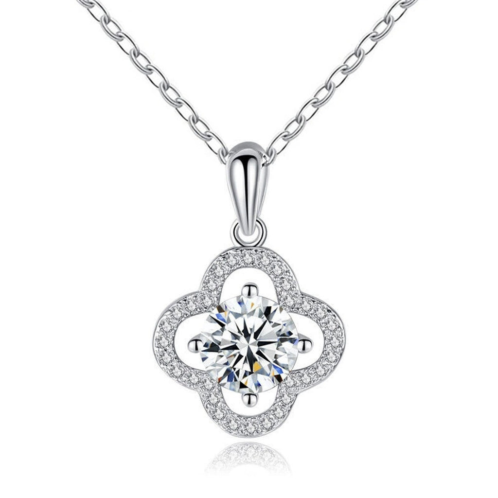 Four-Leaf Clover Round Moissanite Necklace with CZ in White Gold-Plated S925 sterling silver white background front product view showing a four-leaf clover halo framing a round moissanite