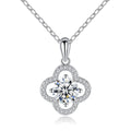 Four-Leaf Clover Round Moissanite Necklace with CZ in White Gold-Plated S925 sterling silver white background front product view showing a four-leaf clover halo framing a round moissanite