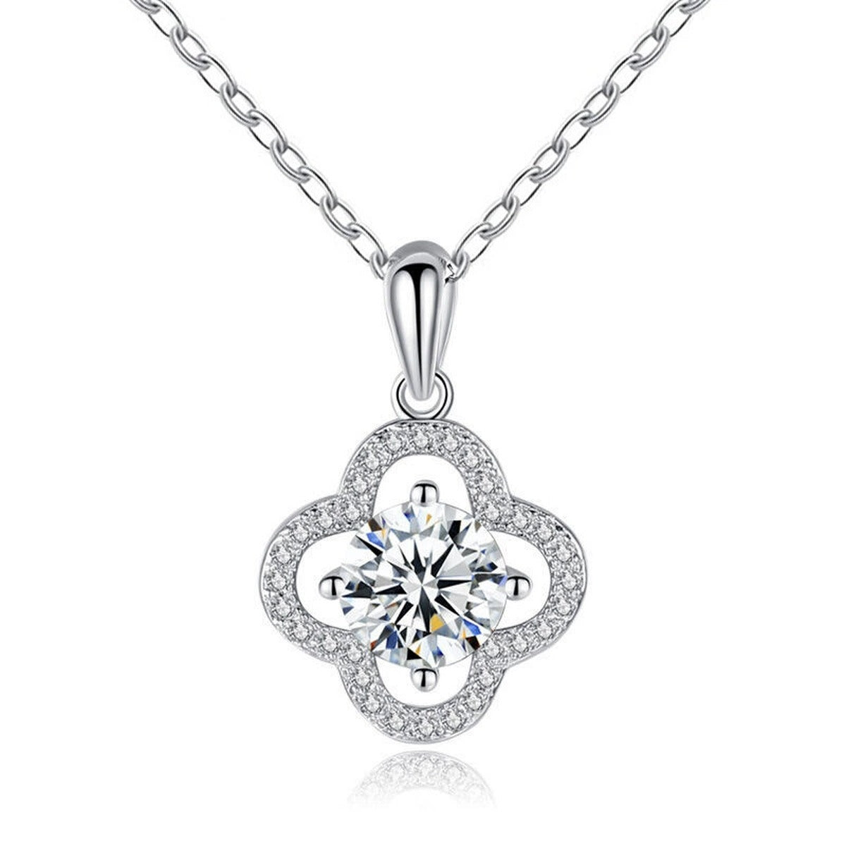 Four-Leaf Clover Round Moissanite Necklace with CZ in White Gold-Plated S925 sterling silver white background front product view showing a four-leaf clover halo framing a round moissanite