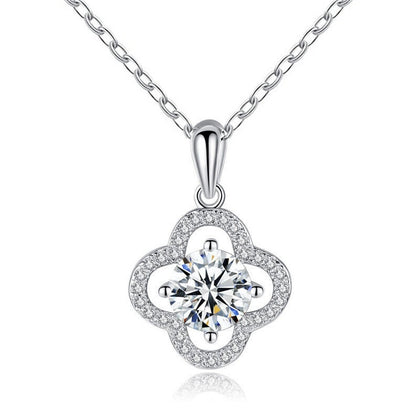 Four-Leaf Clover Round Moissanite Necklace with CZ in White Gold-Plated S925 sterling silver white background front product view showing a four-leaf clover halo framing a round moissanite