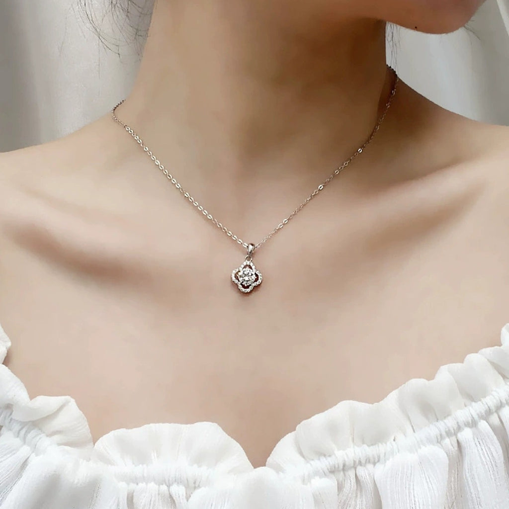 Four-Leaf Clover Round Moissanite Necklace with CZ in White Gold-Plated S925 sterling silver neckline model view showing pendant scale and chain length