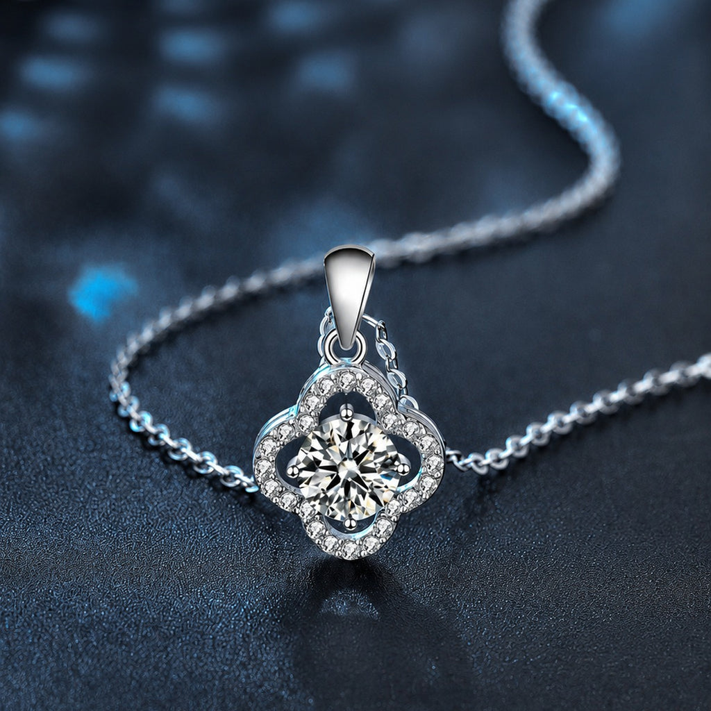 Four-Leaf Clover Round Moissanite Necklace with CZ in White Gold-Plated S925 sterling silver close-up styled product scene showing pendant setting