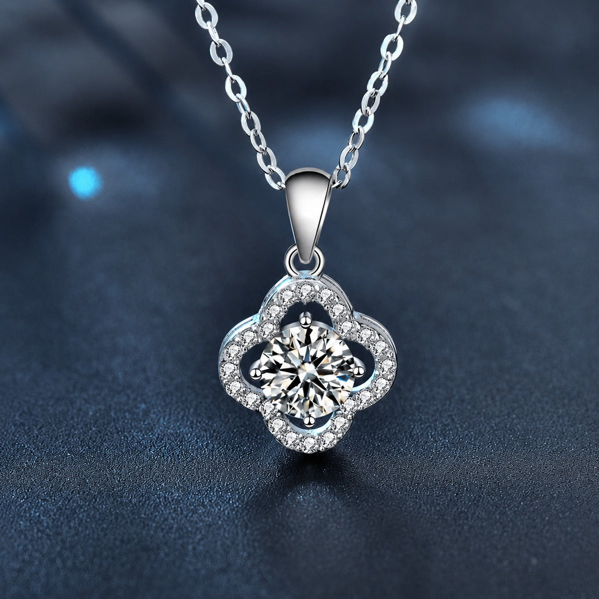 Four-Leaf Clover Round Moissanite Necklace with CZ in White Gold-Plated S925 sterling silver display scene showing chain and stone layout