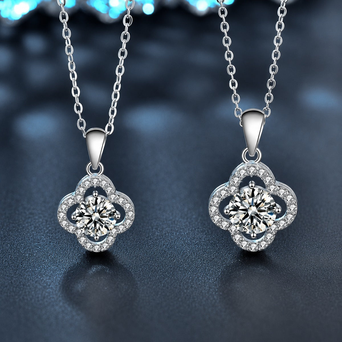 Four-Leaf Clover Round Moissanite Necklace with CZ in White Gold-Plated S925 sterling silver angled product detail view