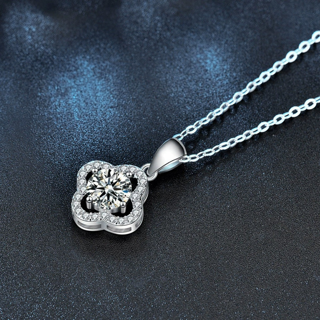Four-Leaf Clover Round Moissanite Necklace with CZ in White Gold-Plated S925 sterling silver additional product styling view