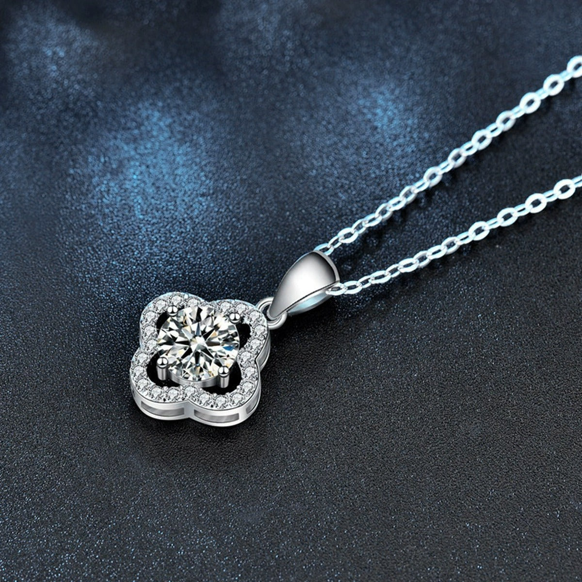 Four-Leaf Clover Round Moissanite Necklace with CZ in White Gold-Plated S925 sterling silver additional product styling view