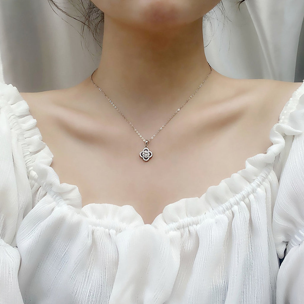 Four-Leaf Clover Round Moissanite Necklace with CZ in White Gold-Plated S925 sterling silver additional worn styling view showing the pendant on the body