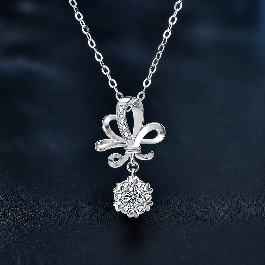 Bowknot Round Moissanite Necklace with CZ in White Gold-Plated S925 sterling silver close-up product scene showing pendant setting