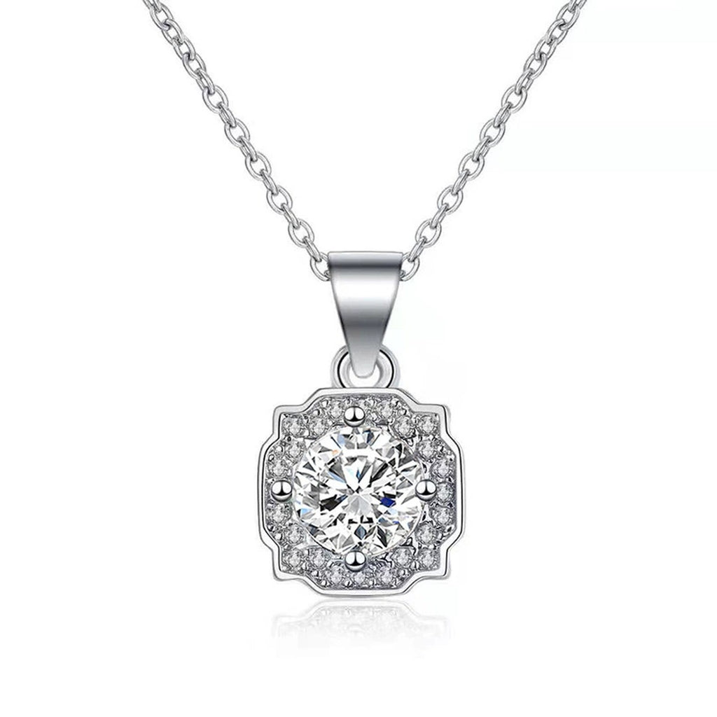 Halo Round Moissanite Necklace with CZ in White Gold-Plated S925 sterling silver white background product photo showing square halo pendant with round moissanite center and CZ frame