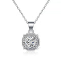 Halo Round Moissanite Necklace with CZ in White Gold-Plated S925 sterling silver white background product photo showing square halo pendant with round moissanite center and CZ frame