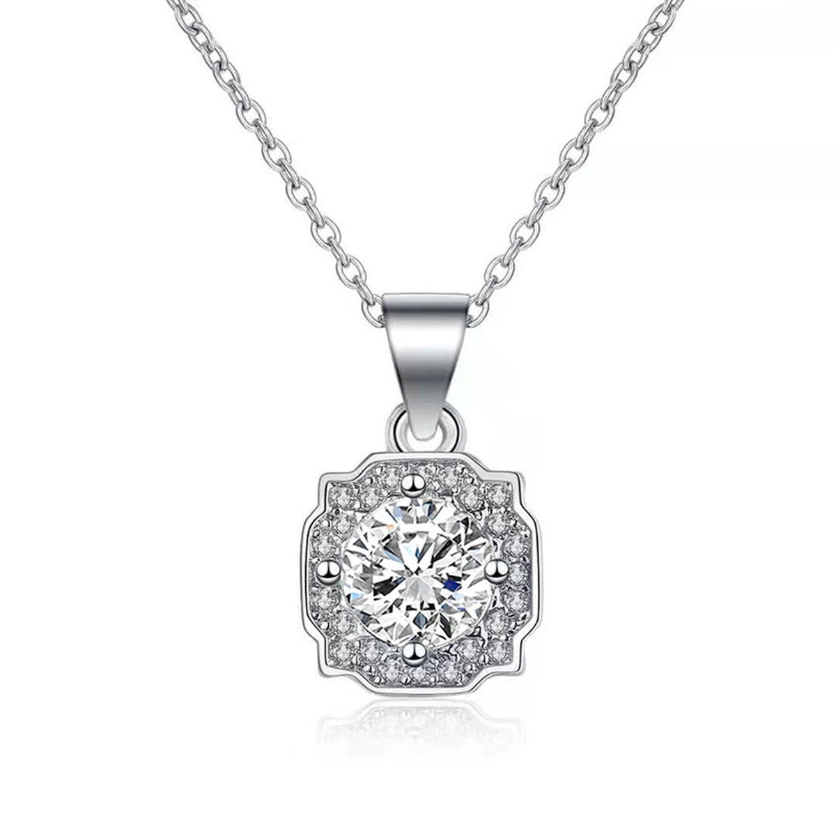 Halo Round Moissanite Necklace with CZ in White Gold-Plated S925 sterling silver white background product photo showing square halo pendant with round moissanite center and CZ frame