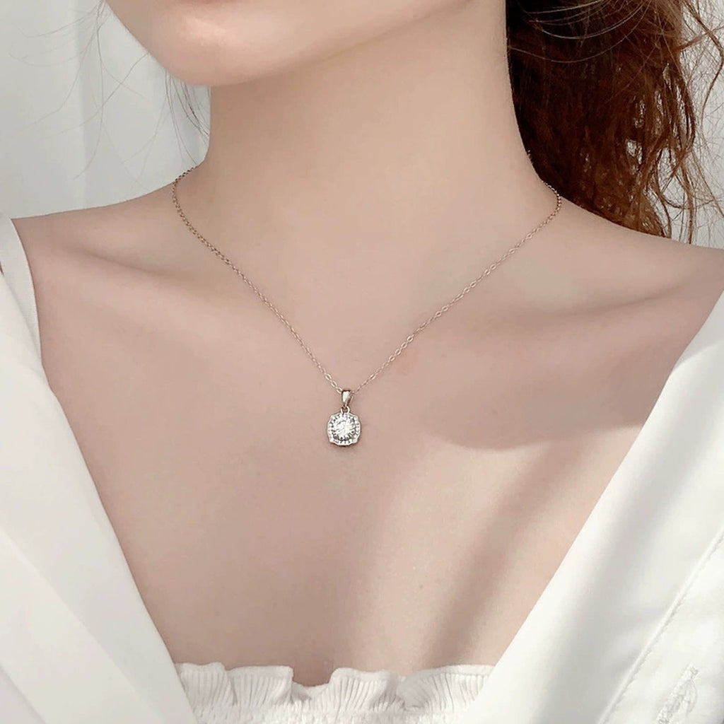 Halo Round Moissanite Necklace with CZ in White Gold-Plated S925 sterling silver neckline model view showing pendant scale and chain length