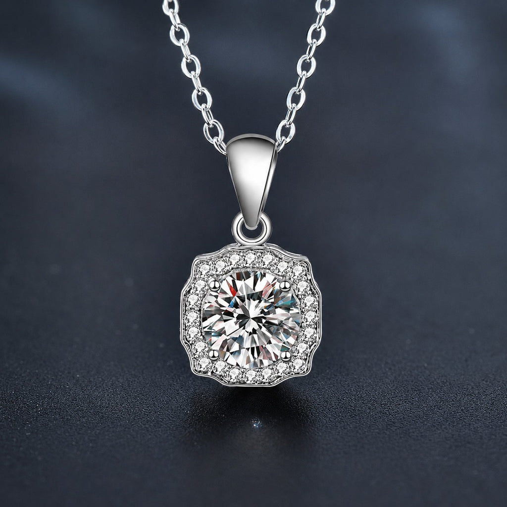 Halo Round Moissanite Necklace with CZ in White Gold-Plated S925 sterling silver close-up product scene showing pendant setting