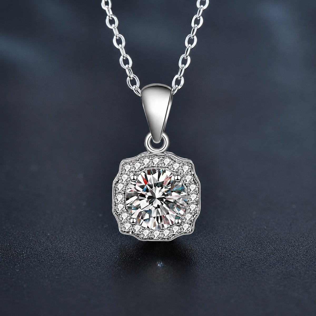 Halo Round Moissanite Necklace with CZ in White Gold-Plated S925 sterling silver close-up product scene showing pendant setting