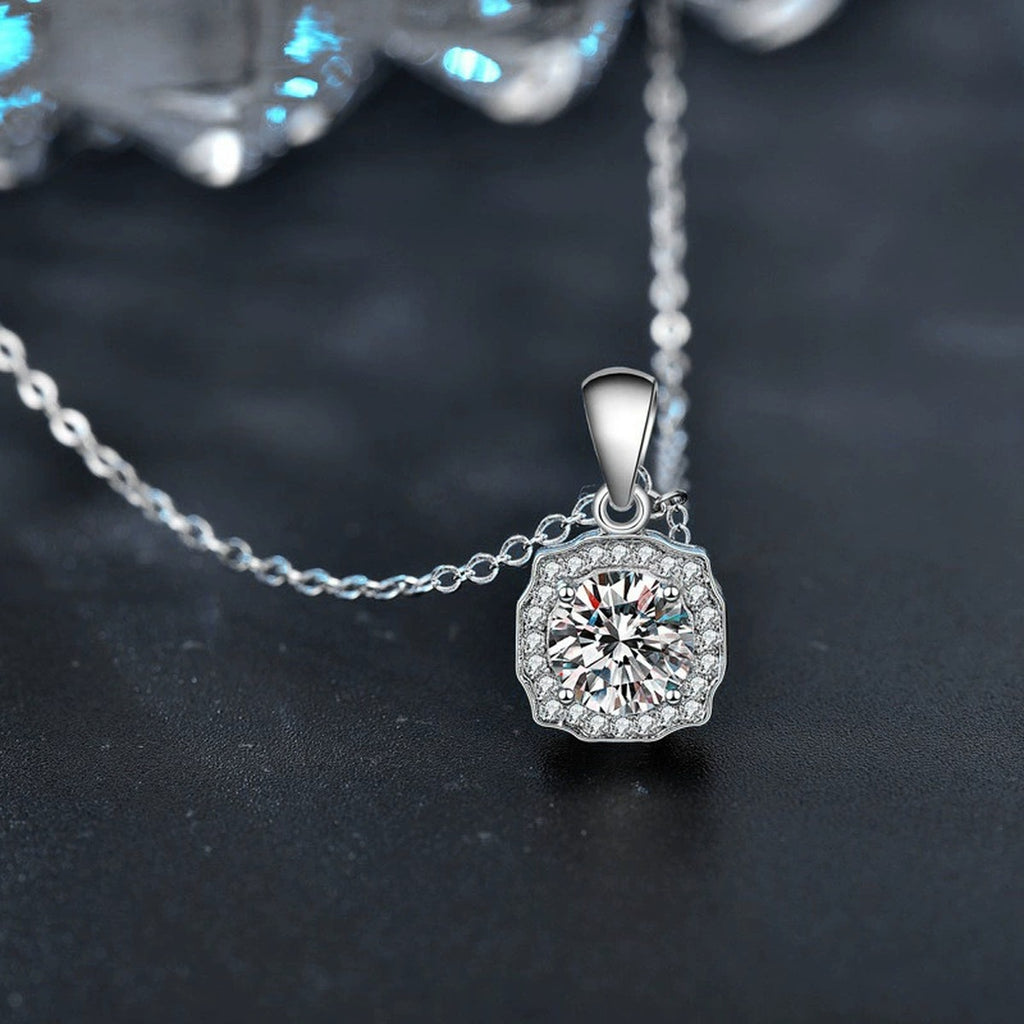 Halo Round Moissanite Necklace with CZ in White Gold-Plated S925 sterling silver blue display scene showing chain and stone layout