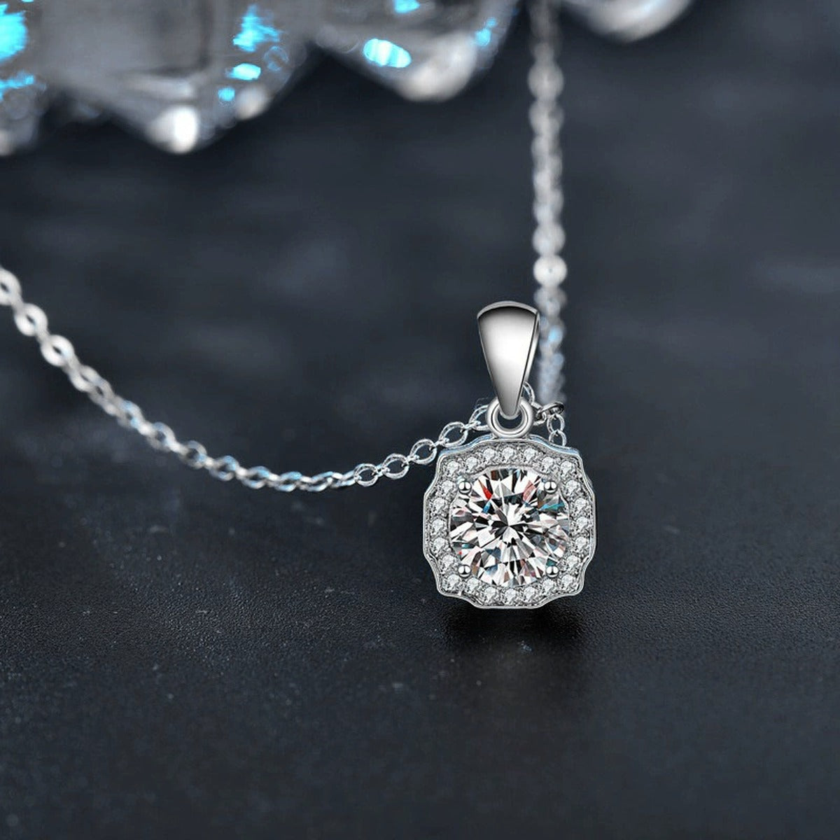 Halo Round Moissanite Necklace with CZ in White Gold-Plated S925 sterling silver blue display scene showing chain and stone layout