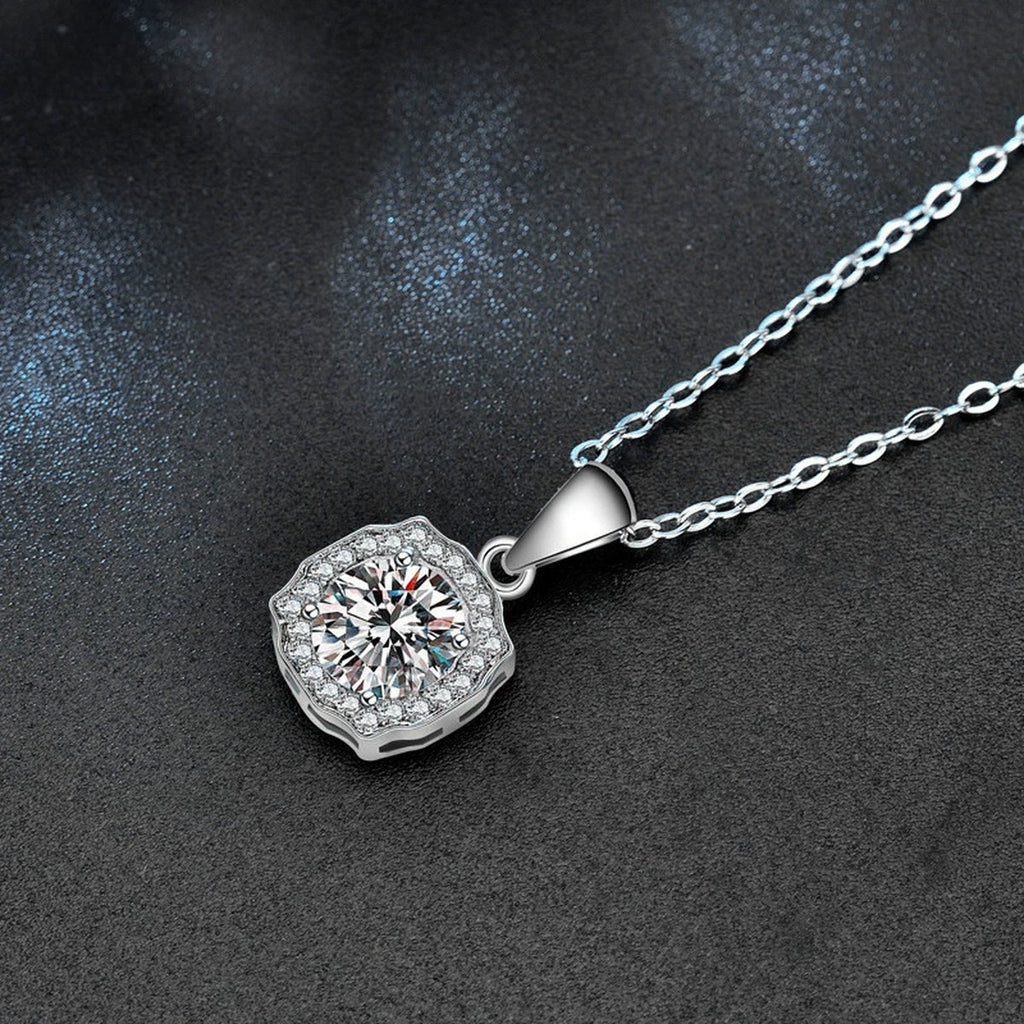 Halo Round Moissanite Necklace with CZ in White Gold-Plated S925 sterling silver angled product detail view