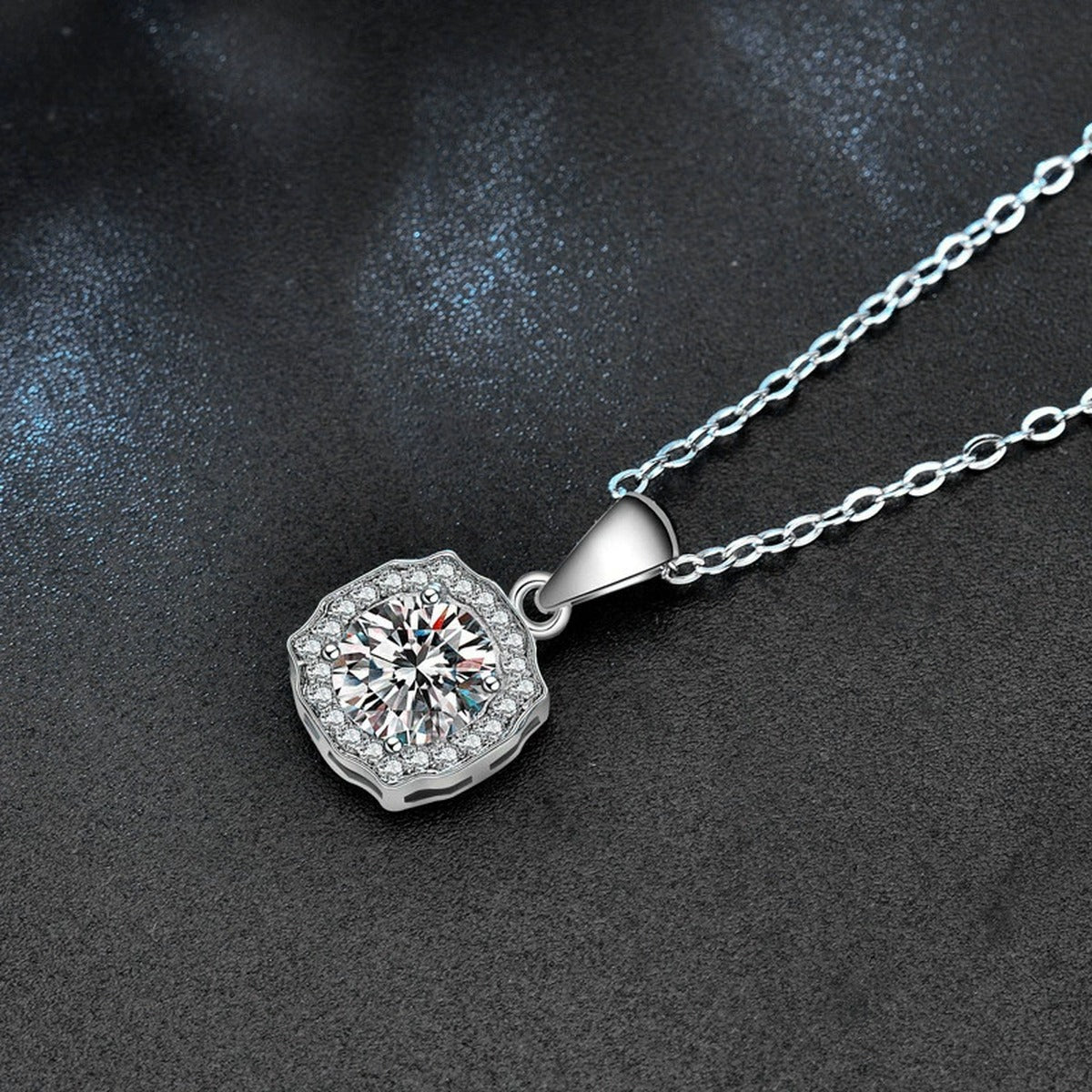 Halo Round Moissanite Necklace with CZ in White Gold-Plated S925 sterling silver angled product detail view