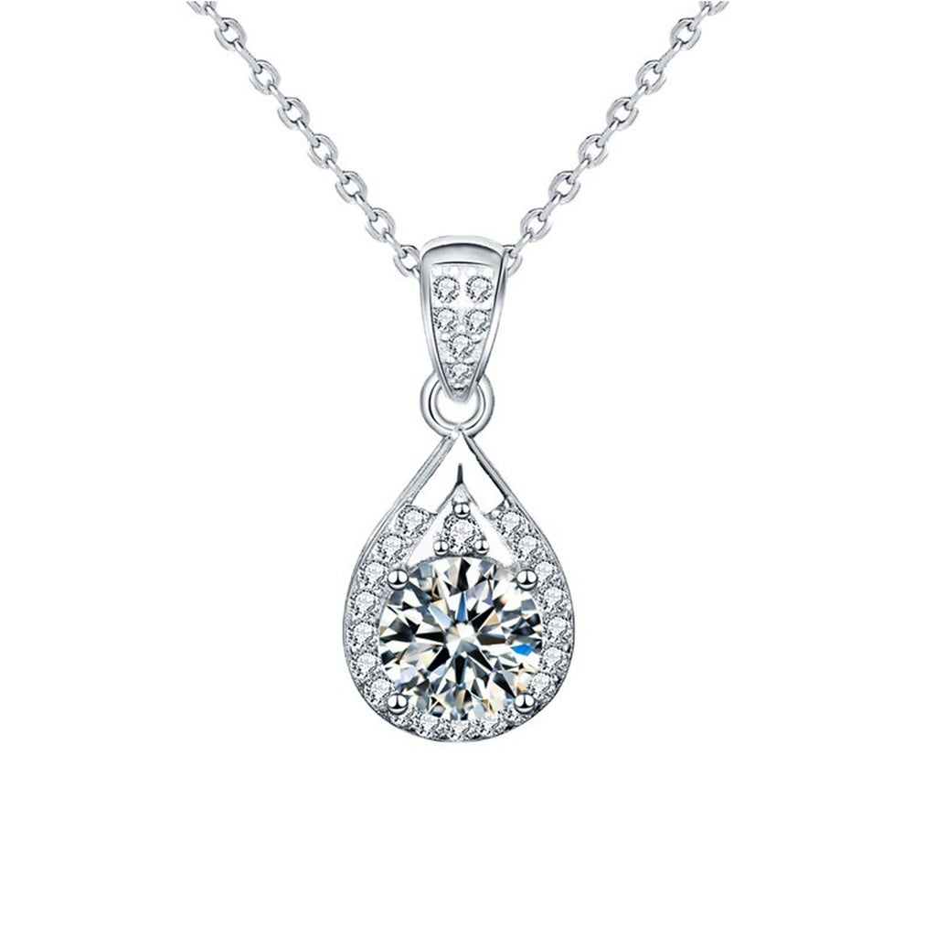 Teardrop Round Moissanite Necklace with CZ in White Gold-Plated S925 sterling silver white background product photo showing teardrop pendant with round moissanite center options and CZ bail