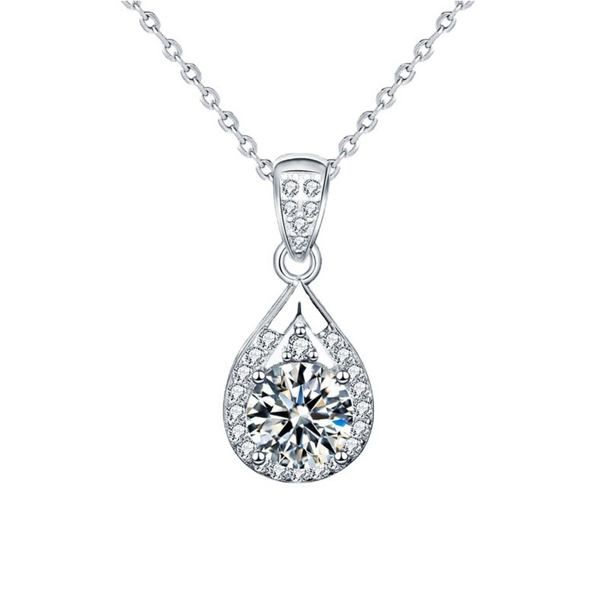 Teardrop Round Moissanite Necklace with CZ in White Gold-Plated S925 sterling silver white background product photo showing teardrop pendant with round moissanite center options and CZ bail