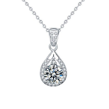Teardrop Round Moissanite Necklace with CZ in White Gold-Plated S925 sterling silver white background product photo showing teardrop pendant with round moissanite center options and CZ bail