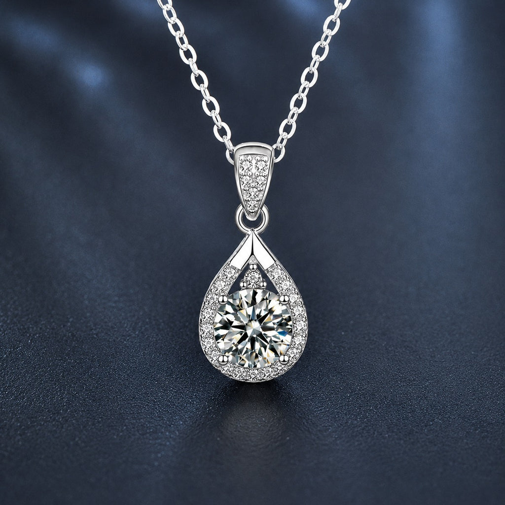 Teardrop Round Moissanite Necklace with CZ in White Gold-Plated S925 sterling silver close-up product scene showing pendant setting