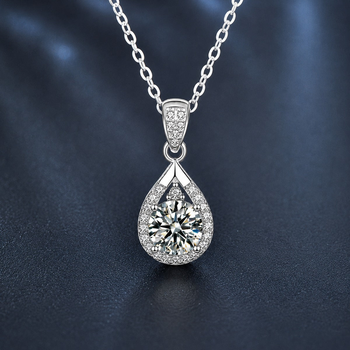 Teardrop Round Moissanite Necklace with CZ in White Gold-Plated S925 sterling silver close-up product scene showing pendant setting