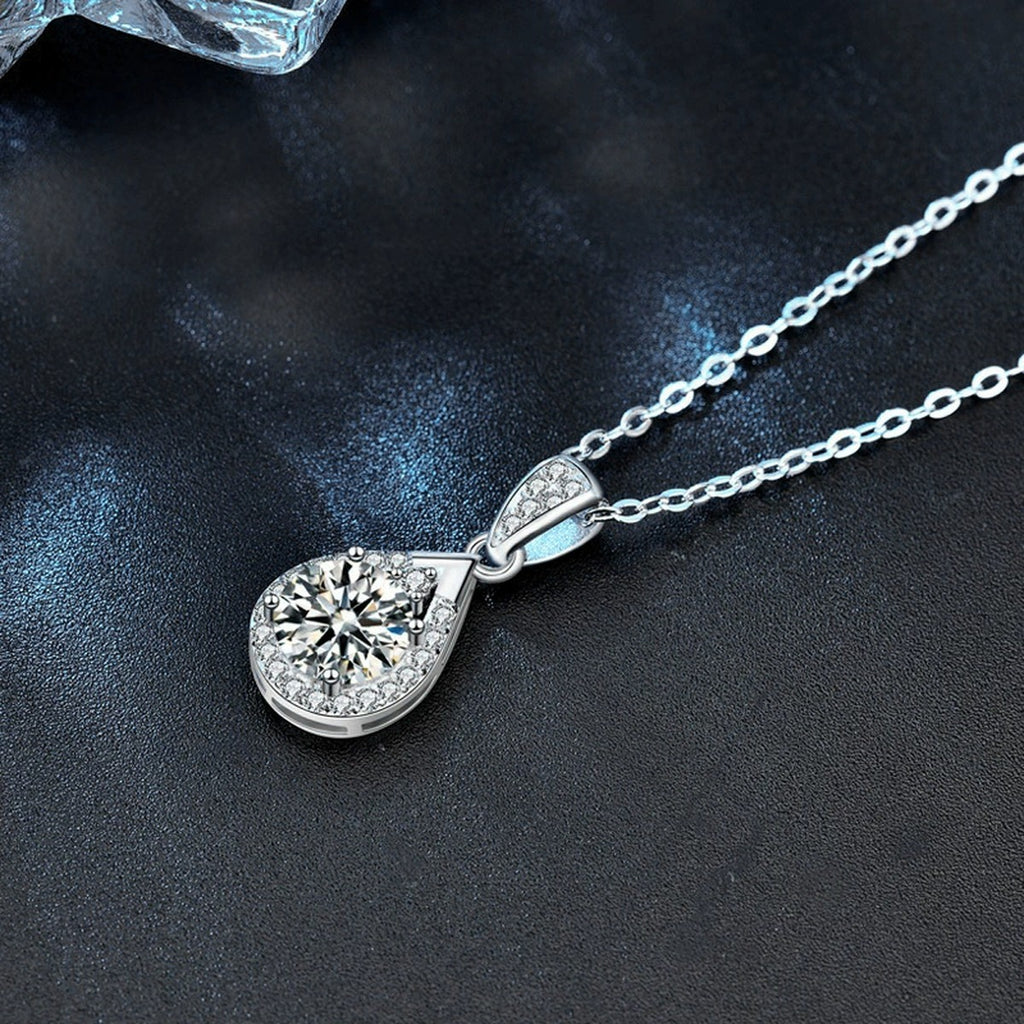 Teardrop Round Moissanite Necklace with CZ in White Gold-Plated S925 sterling silver angled product detail view