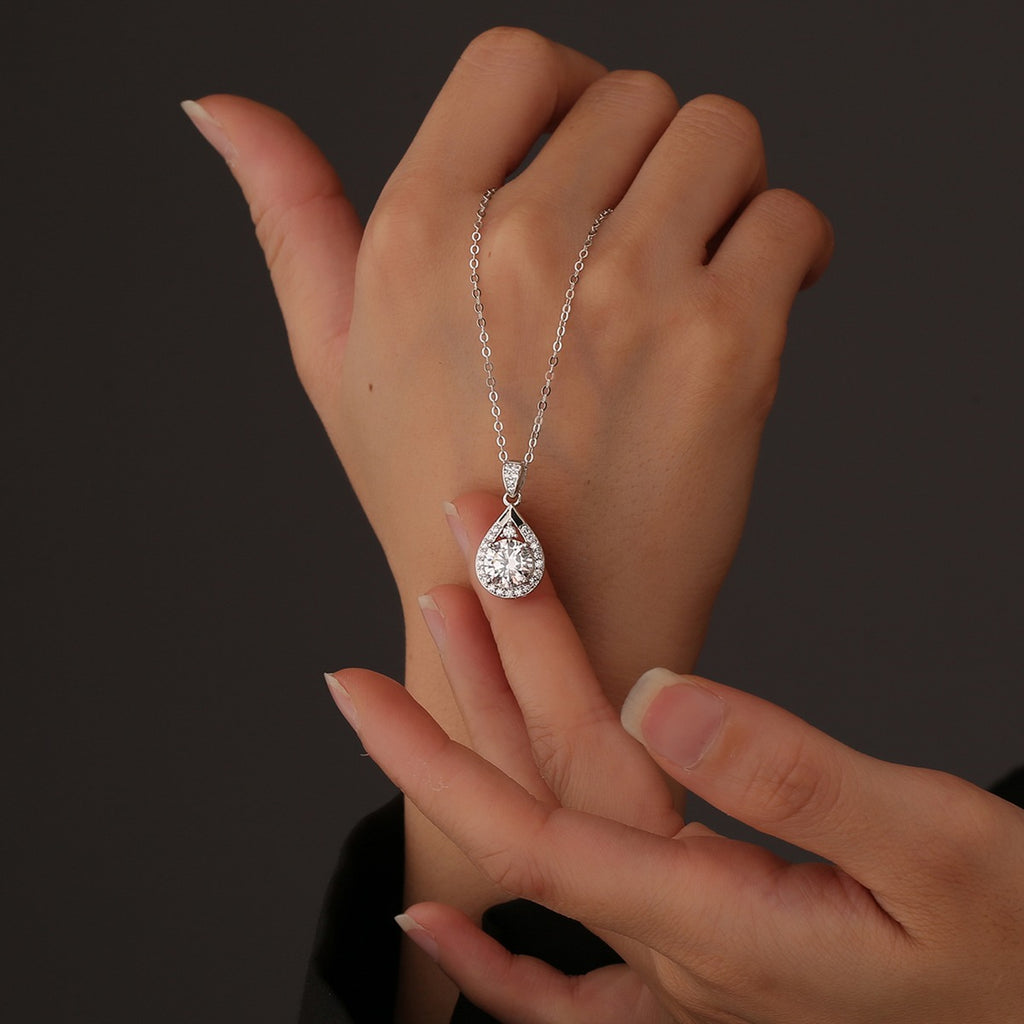 Teardrop Round Moissanite Necklace with CZ in White Gold-Plated S925 sterling silver neckline model view showing pendant scale and chain length