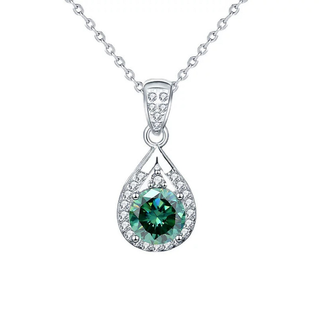 Green Round Moissanite Teardrop Halo Necklace with CZ in White Gold-Plated S925 sterling silver white background front product view showing green round moissanite suspended within an open teardrop halo