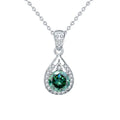 Green Round Moissanite Teardrop Halo Necklace with CZ in White Gold-Plated S925 sterling silver white background front product view showing green round moissanite suspended within an open teardrop halo